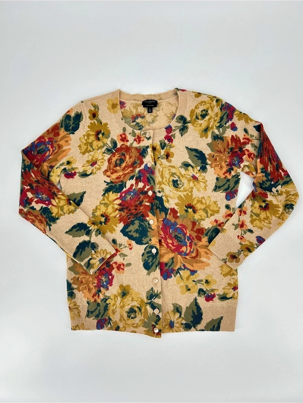 Talbots Petites 100% Pure Cashmere Floral Cardigan Sweater Size SP Fall